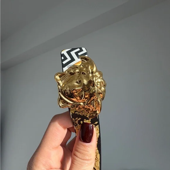 Versace Gold Medusa Buckle Belt with Black and Yellow Accents